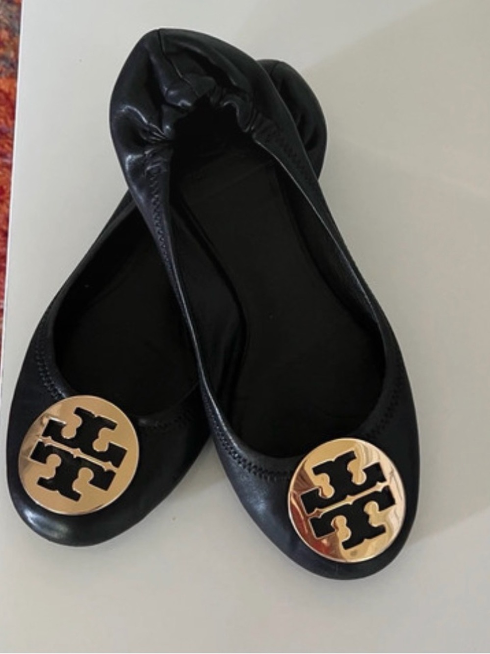 Tory Burch Black Leather Logo Round-Toe Ballet Flats with Gold Medallions